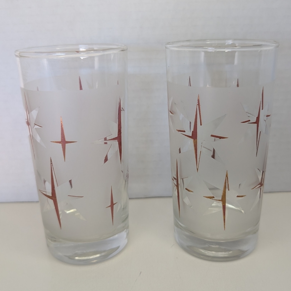 Vintage Dominion Frosted Atomic Starburst Mid-Century Modern Glasses Pair